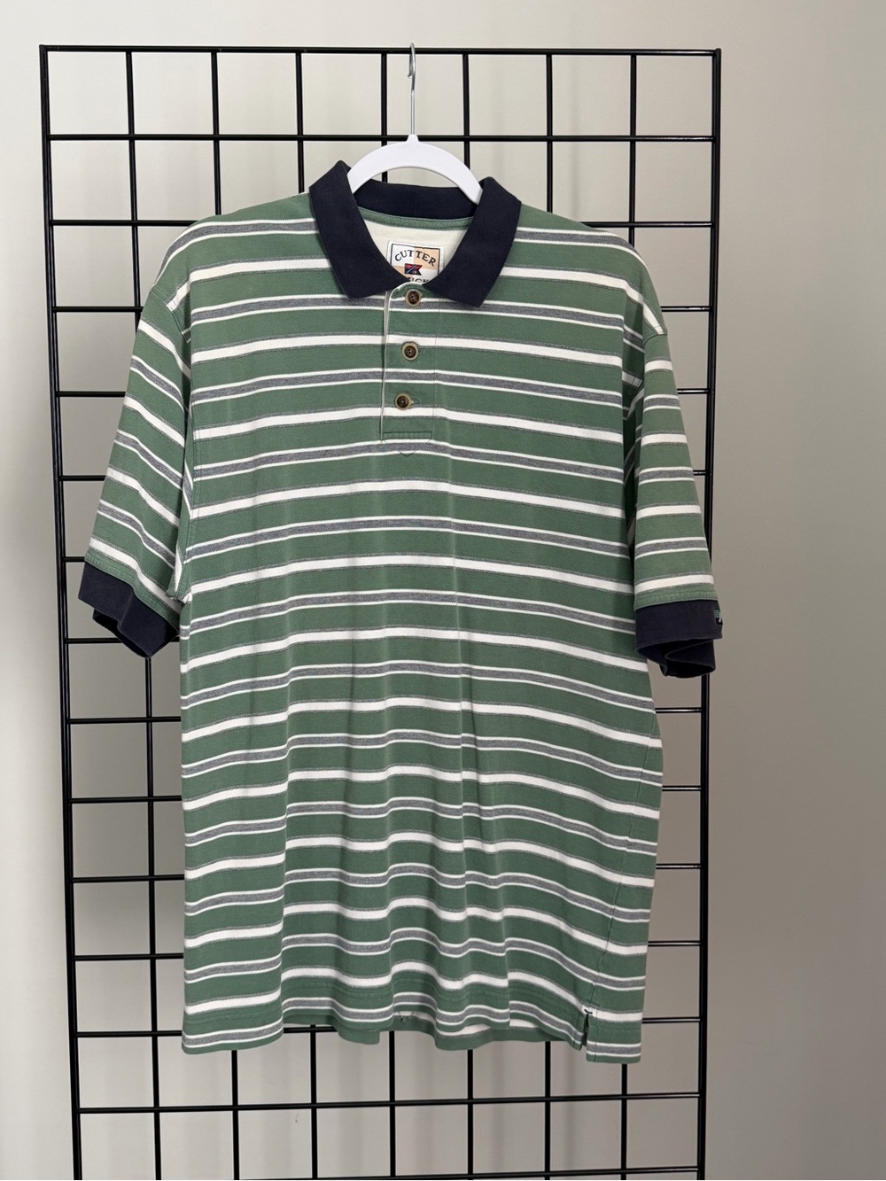 Cutter & Buck Green and White Striped Polo with Navy Contrast Collar